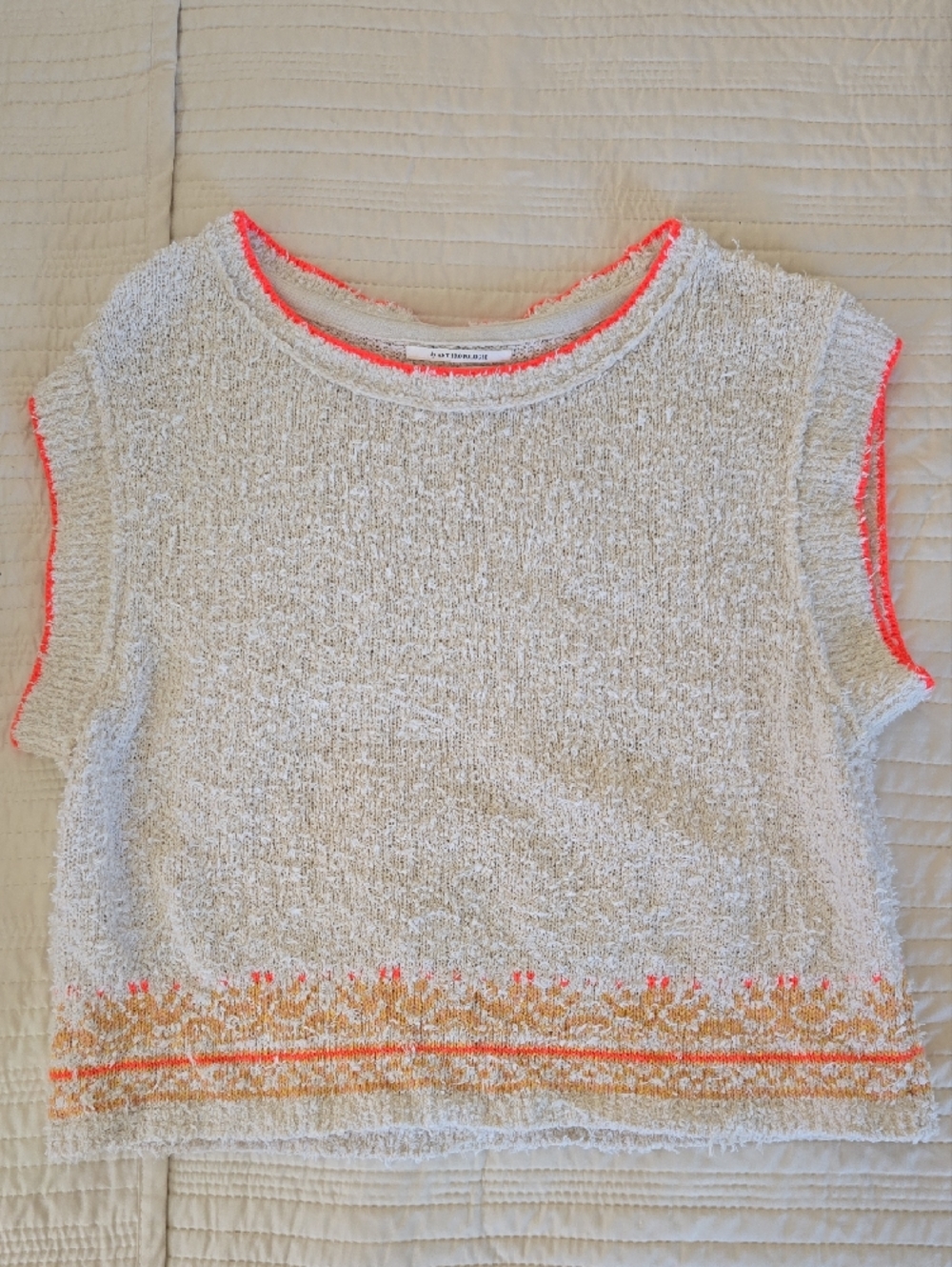 Anthropologie Cream Knit Crop Sweater with Neon Coral Trim